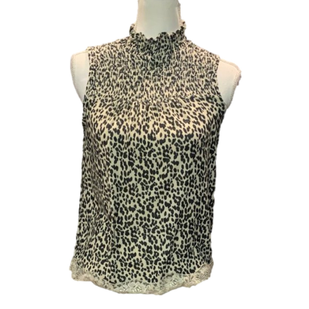 🔥🔥SALE🔥🔥JOLT Leopard Print Sleeveless Turtle Neck With Lace Trim